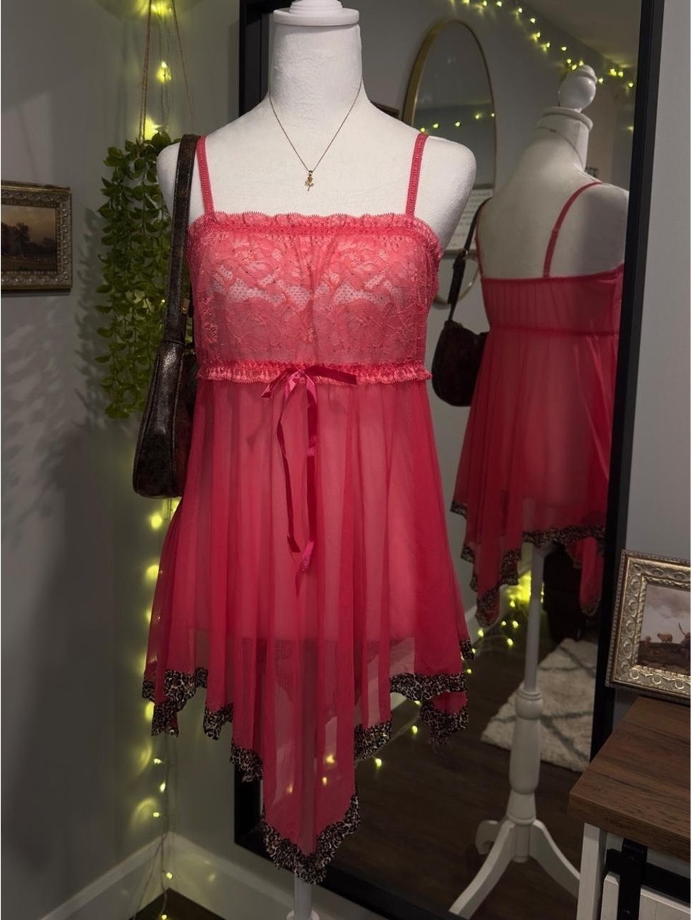 Hot Pink Sheer Lace Babydoll Dress